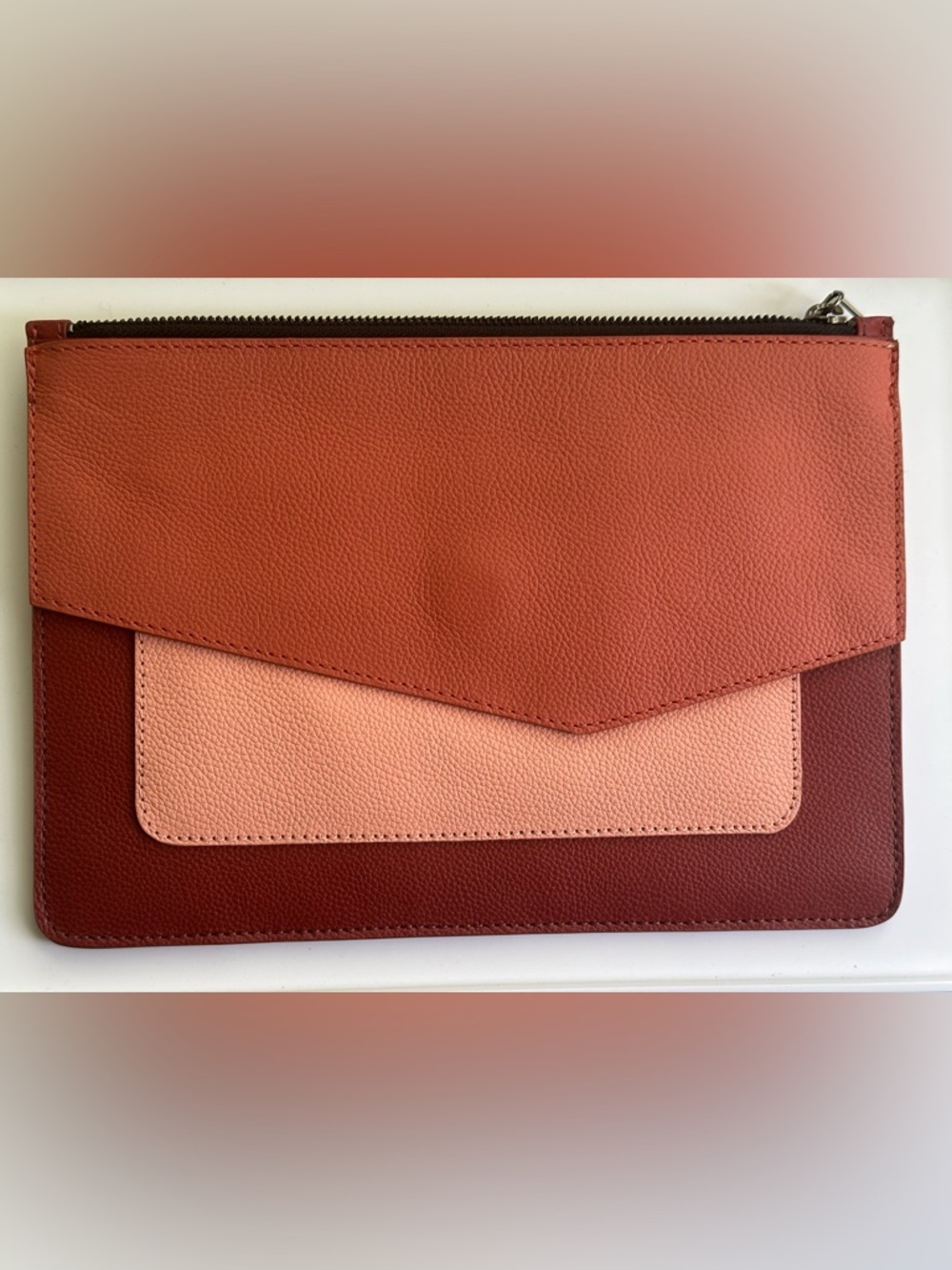 Botkier Tricolor Leather Envelope Clutch in Coral, Blush & Burgundy wristlet